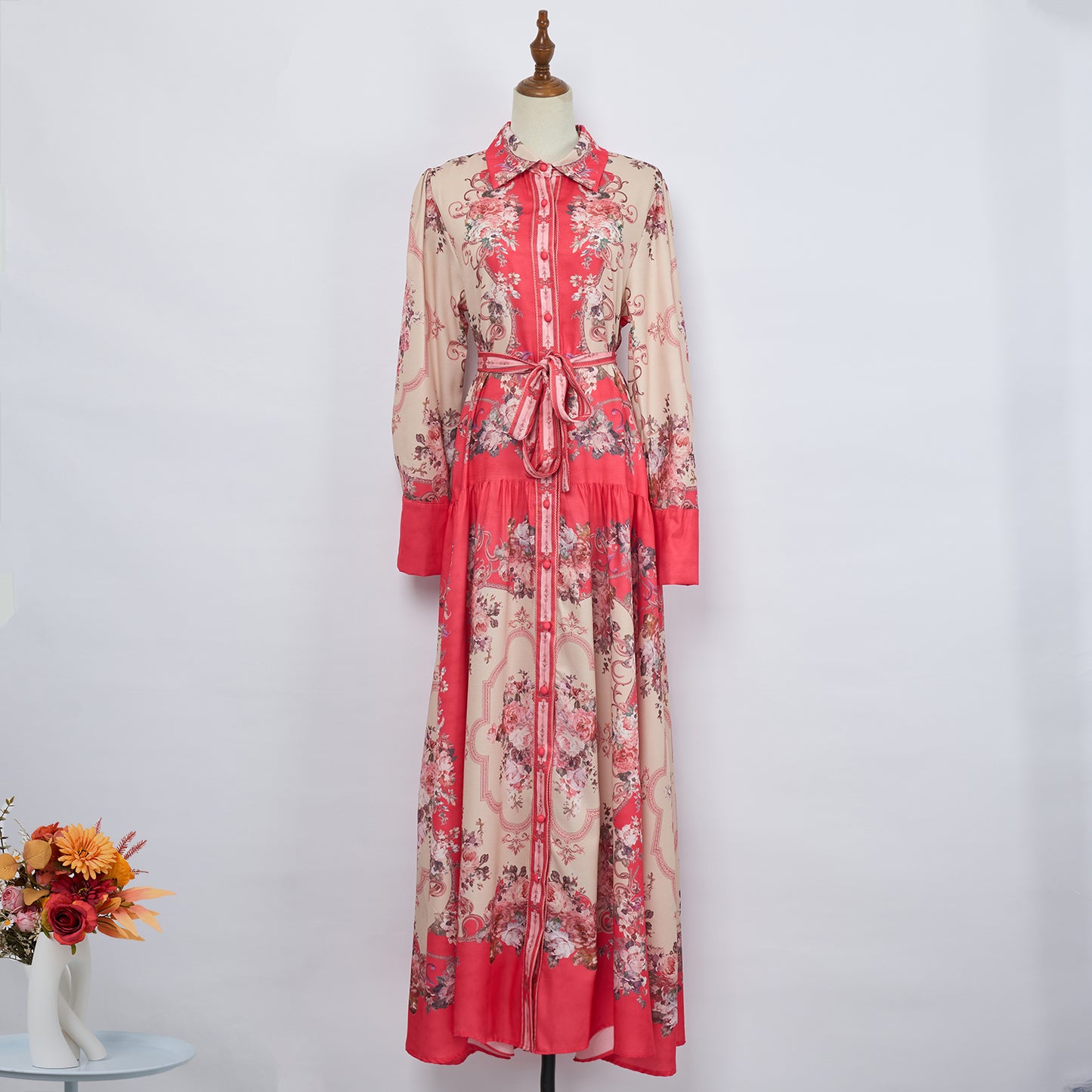 Women Spring Print Lapel Long Dress Lace Up Maxi Dress