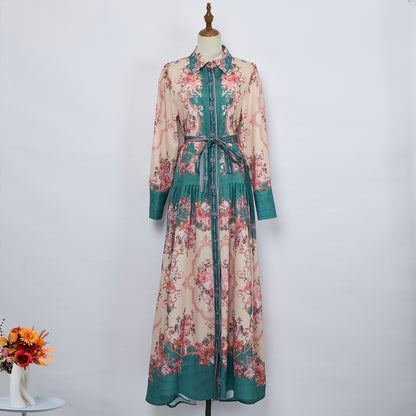 Women Spring Print Lapel Long Dress Lace Up Maxi Dress