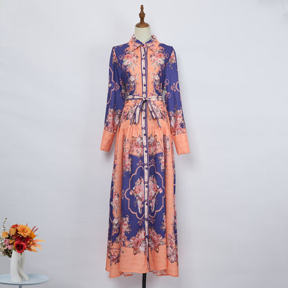 Women Spring Print Lapel Long Dress Lace Up Maxi Dress