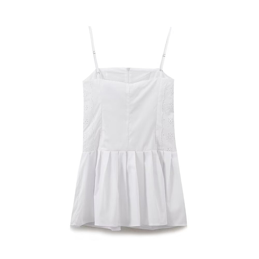 Spring Summer Women Clothing Graceful Fashionable Embroidered White Slim Short Sling Dress