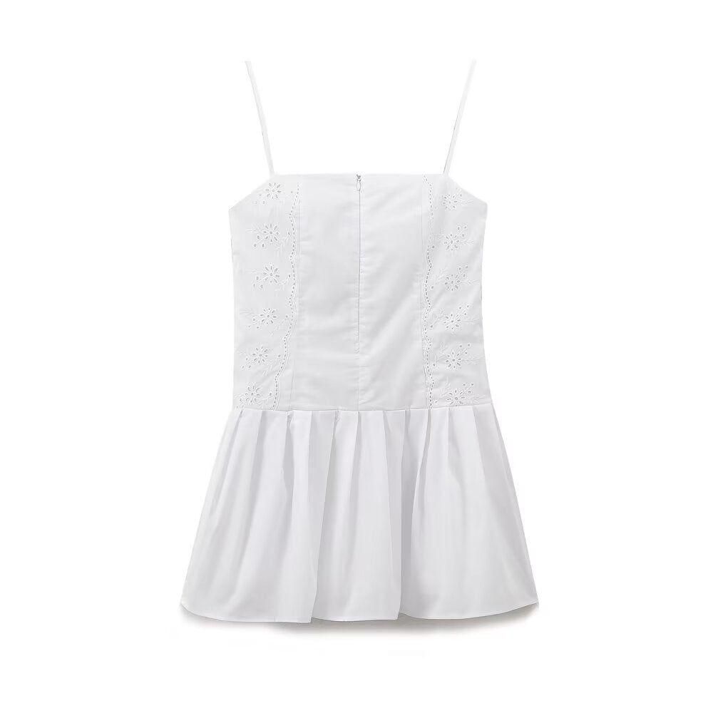 Spring Summer Women Clothing Graceful Fashionable Embroidered White Slim Short Sling Dress