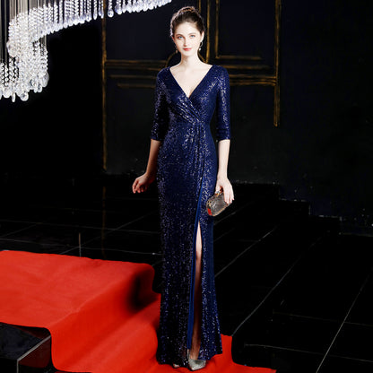 Banquet Elegant Long Long Sleeve Sequ Annual Meeting Aura Queen Fishtail Gown Formal Gown