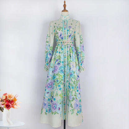 Women Elegant Long Sleeved Long Sleeved Positioning Printed Single Breasted Dress Dress With Belt