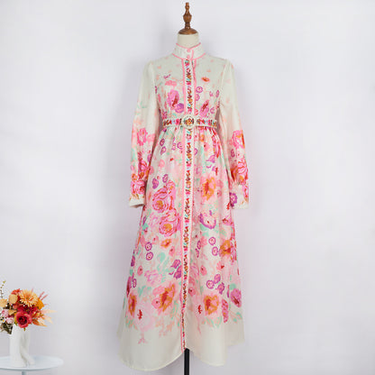 Women Elegant Long Sleeved Long Sleeved Positioning Printed Single Breasted Dress Dress With Belt