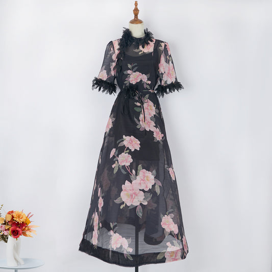 Women Black Floral Print Dress Lace Up Mid Length Dress Organza