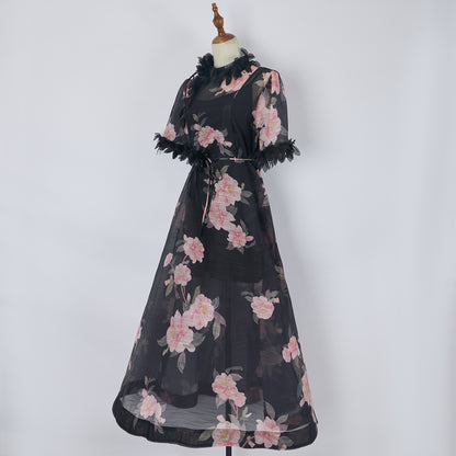 Women Black Floral Print Dress Lace Up Mid Length Dress Organza