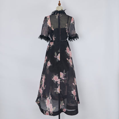 Women Black Floral Print Dress Lace Up Mid Length Dress Organza