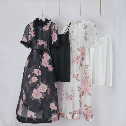 Robe noire à imprimé floral pour femmes, robe mi-longue à lacets en organza