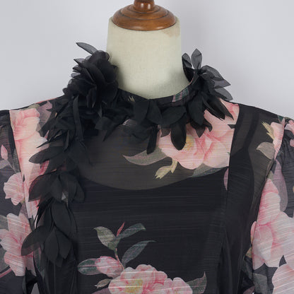 Vestido negro con estampado floral para mujer Vestido largo medio con cordones Organza