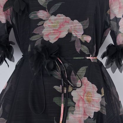 Vestido negro con estampado floral para mujer Vestido largo medio con cordones Organza