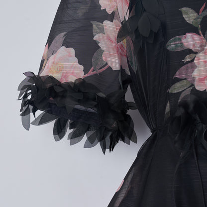 Robe noire à imprimé floral pour femmes, robe mi-longue à lacets en organza