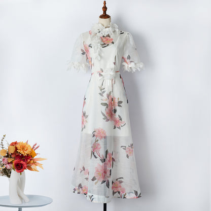 Robe noire à imprimé floral pour femmes, robe mi-longue à lacets en organza