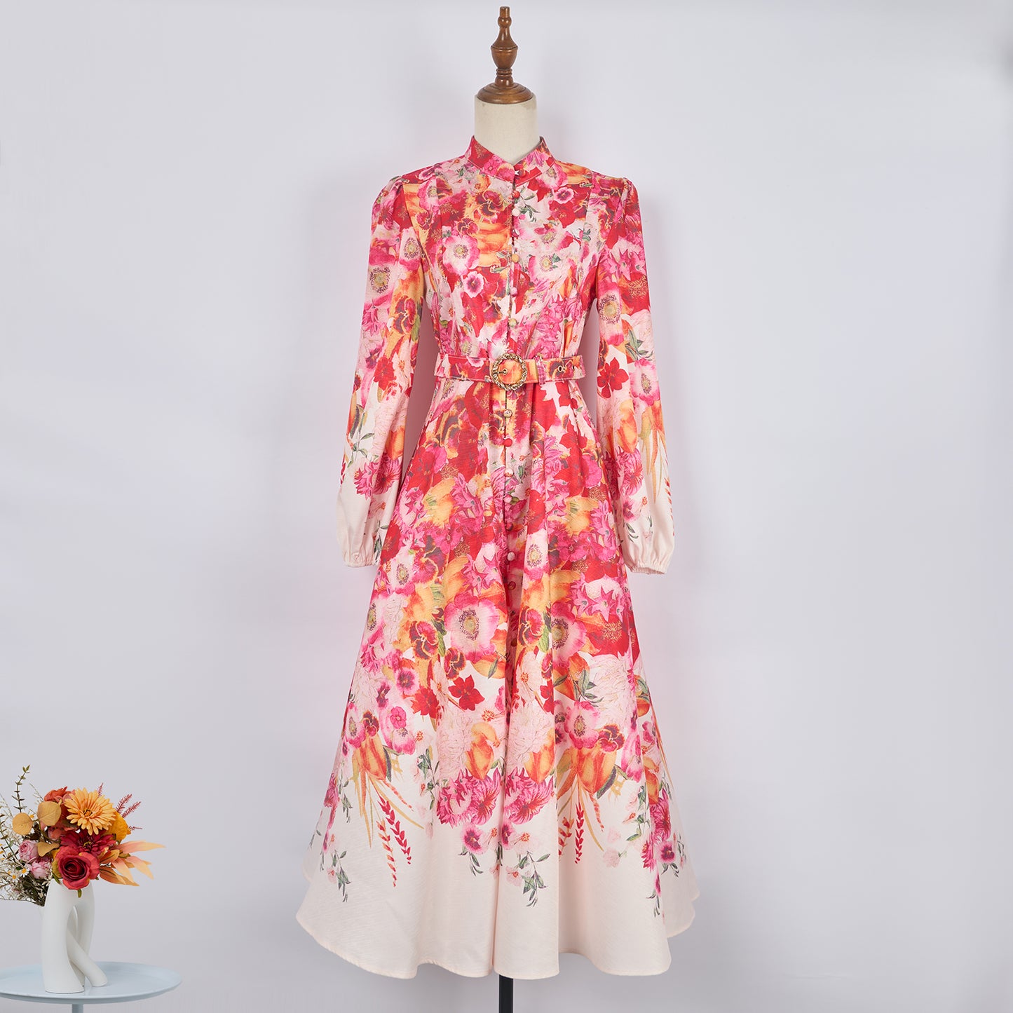 Women Spring Dress Printed Stand Collar Maxi Dress