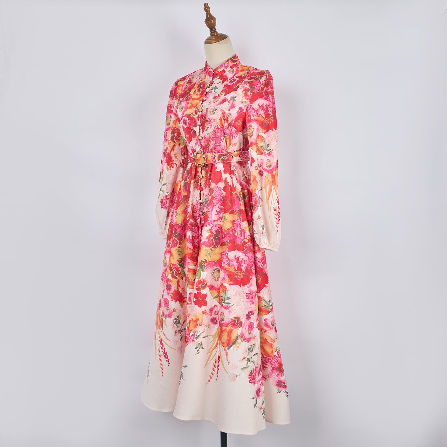 Women Spring Dress Printed Stand Collar Maxi Dress