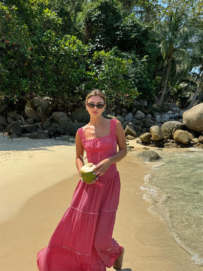 Robe de plage d'été amincissante à col carré français rétro à carreaux pour vacances, avec cordon de serrage et volants à la taille