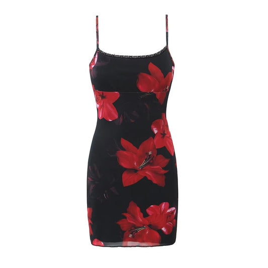 Robe d'été en maille et dentelle, imprimé Floral, Slim, taille haute, Sexy, courte pour femmes