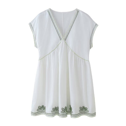 Women Summer Casual Embroidered V neck Short Dress