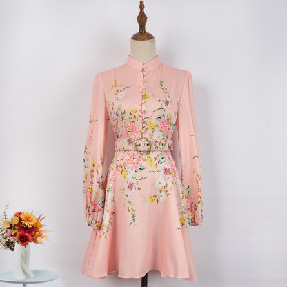 Robe imprimée à simple boutonnage et manches lanternes pour femmes