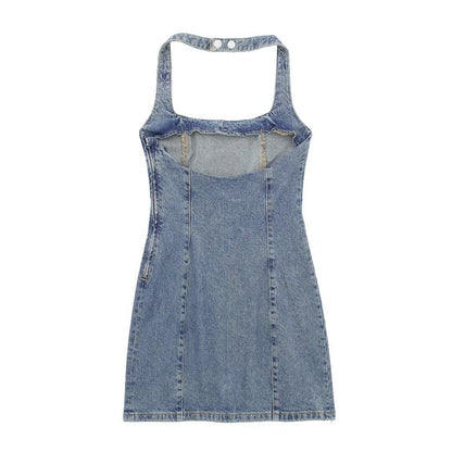 Printemps femmes vêtements coupe ajustée minceur col suspendu robe en jean