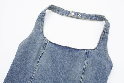 Printemps femmes vêtements coupe ajustée minceur col suspendu robe en jean