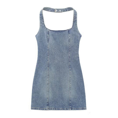 Printemps femmes vêtements coupe ajustée minceur col suspendu robe en jean