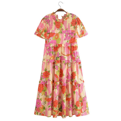 Printemps femmes rayonne florale robe de gâteau à manches courtes