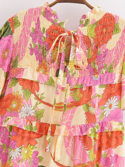 Printemps femmes rayonne florale robe de gâteau à manches courtes