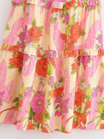 Printemps femmes rayonne florale robe de gâteau à manches courtes