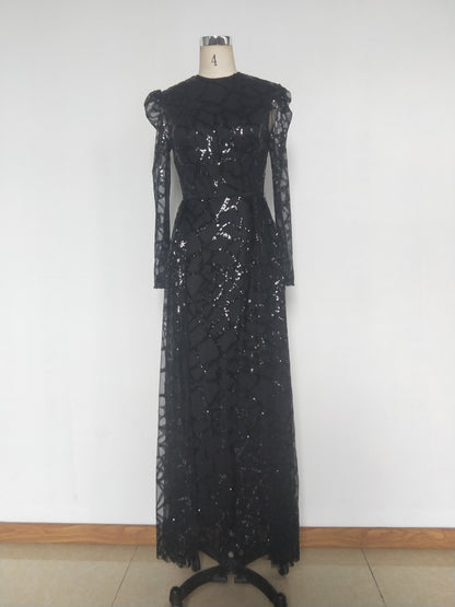 Robe de soirée trapèze à manches longues et paillettes pour femme, vêtement de printemps et d'été