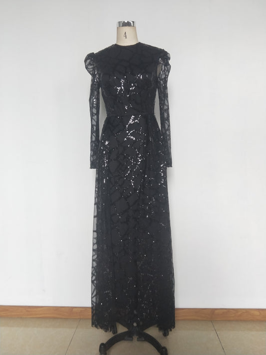 Robe de soirée trapèze à manches longues et paillettes pour femme, vêtement de printemps et d'été