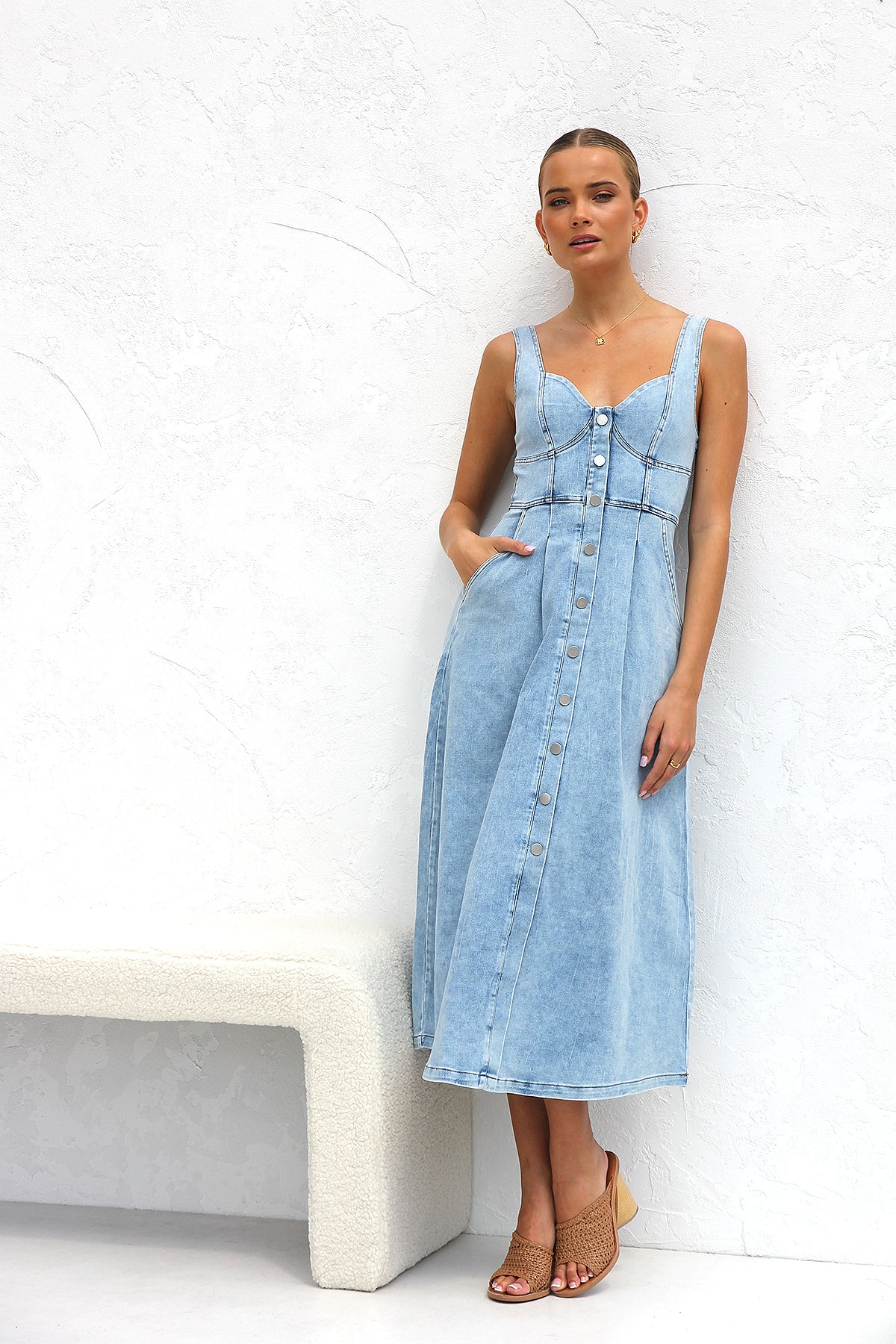 Ladies Summer Dress Fresh Water Blue Denim Buckle Strap Midi Dress