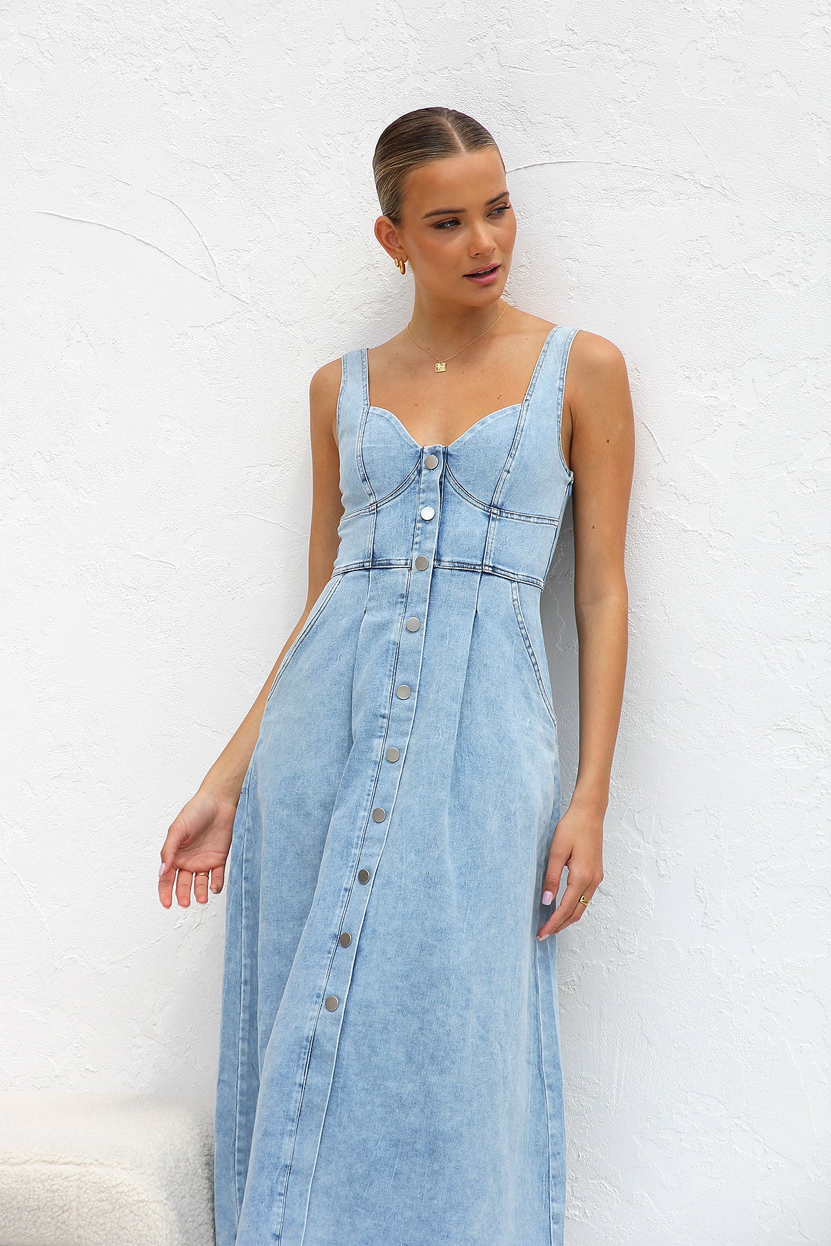 Ladies Summer Dress Fresh Water Blue Denim Buckle Strap Midi Dress