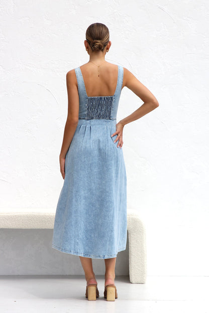 Robe d'été pour femme en denim bleu eau douce, robe mi-longue à bretelles avec boucle