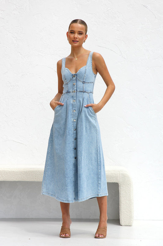 Robe d'été pour femme en denim bleu eau douce, robe mi-longue à bretelles avec boucle