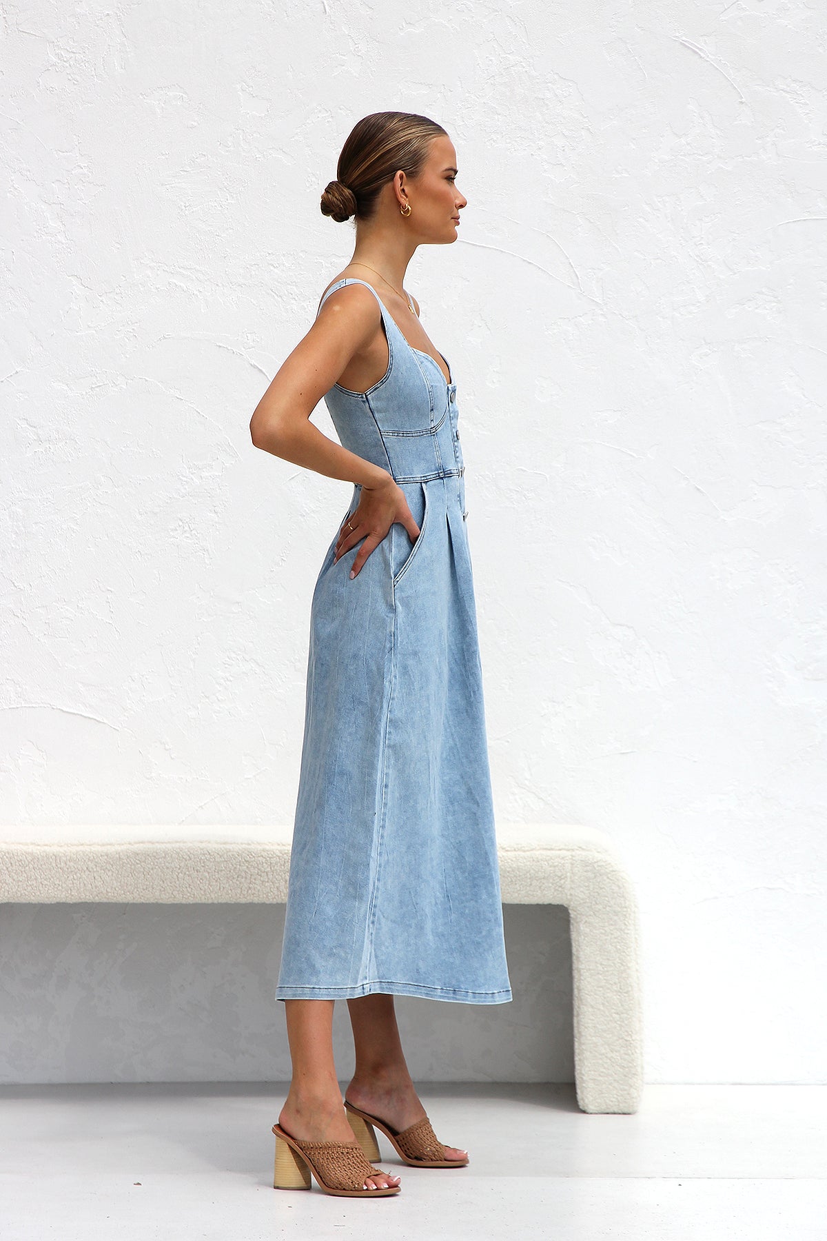 Vestido de verano para mujer, vestido midi con tirantes y hebillas en azul agua dulce