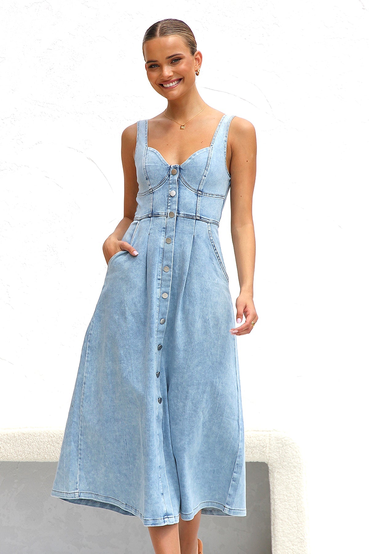 Ladies Summer Dress Fresh Water Blue Denim Buckle Strap Midi Dress