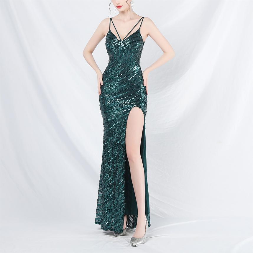 Women Sling Shoulder Low Cut Sequined Evening Dress