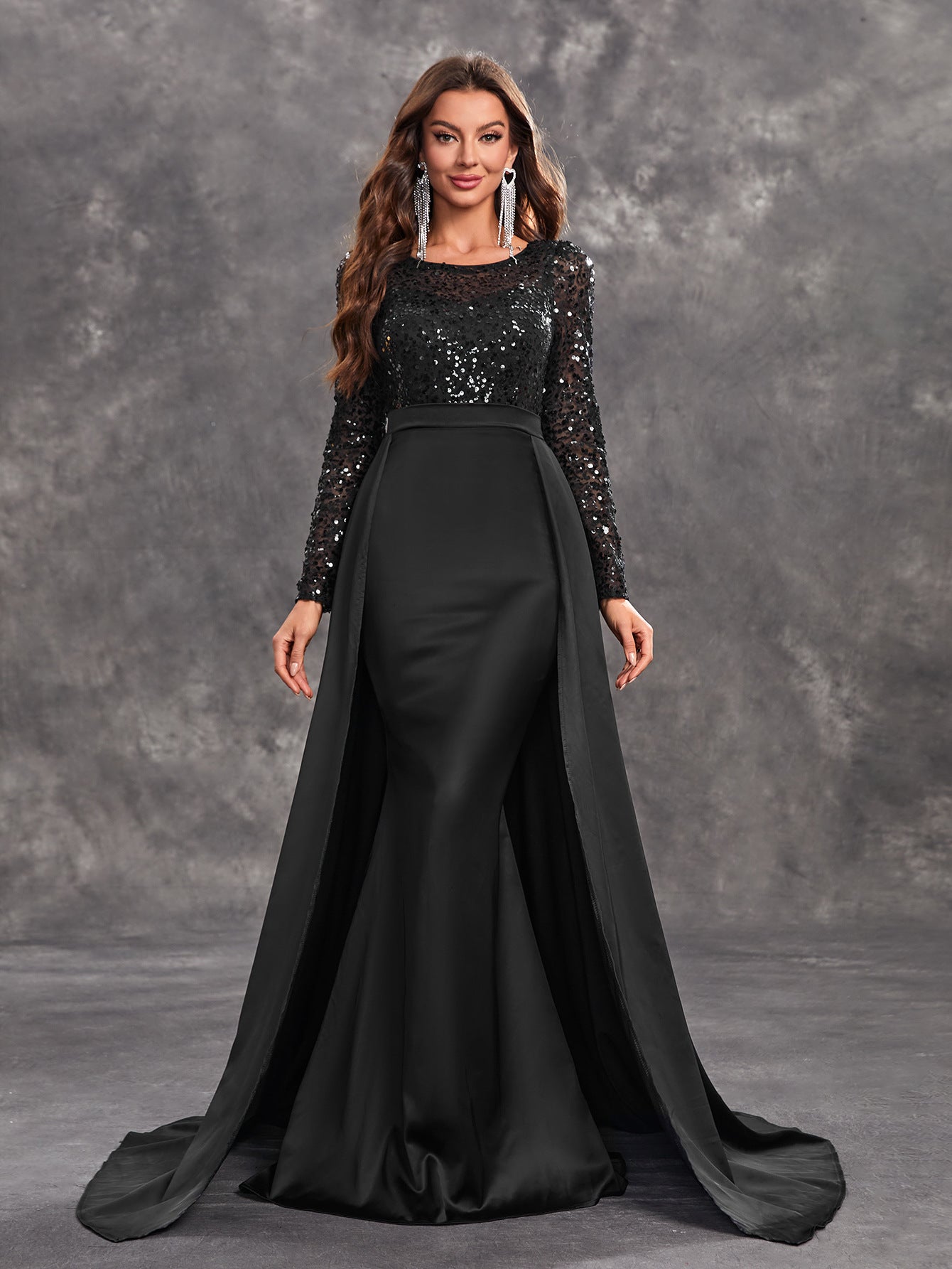 Robe de soirée de bal pour femmes, paillettes, manches longues, col rond, Sexy, élégante, noire, robe formelle