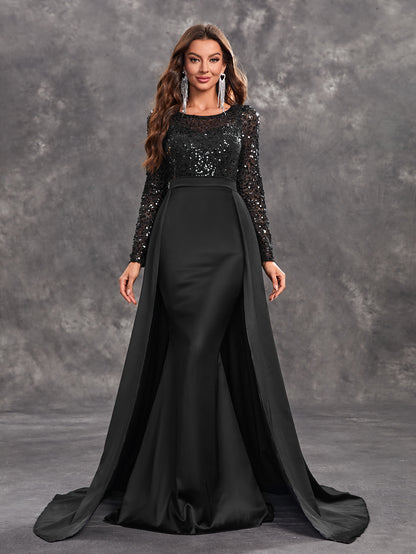 Robe de soirée de bal pour femmes, paillettes, manches longues, col rond, Sexy, élégante, noire, robe formelle