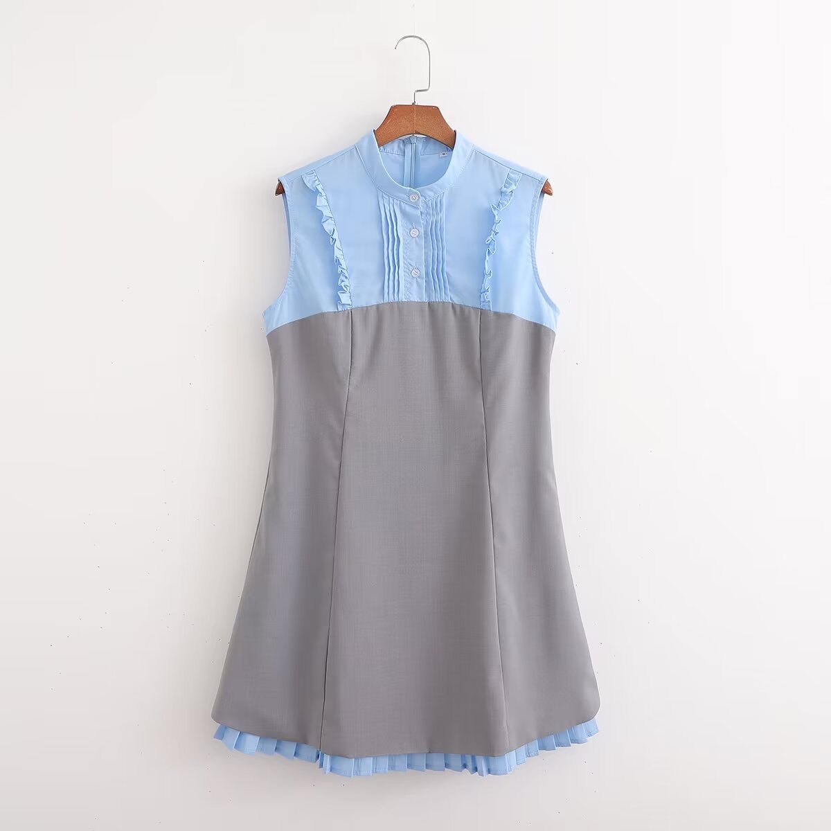 Bleu gris contraste couture Niche taille serré mot robe vêtements chauds Faux deux pièces en bois oreille robe sans manches