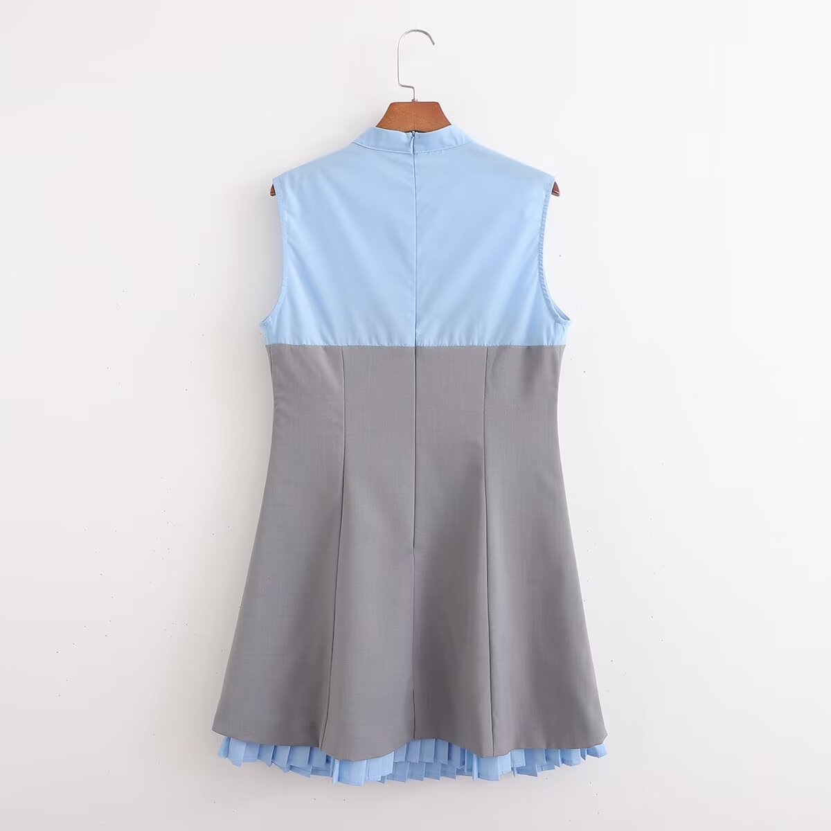 Bleu gris contraste couture Niche taille serré mot robe vêtements chauds Faux deux pièces en bois oreille robe sans manches