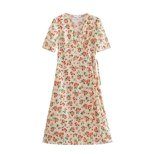 Vêtements pour femmes, élégance française, col en V, robe portefeuille à fleurs petites marguerites et cerises