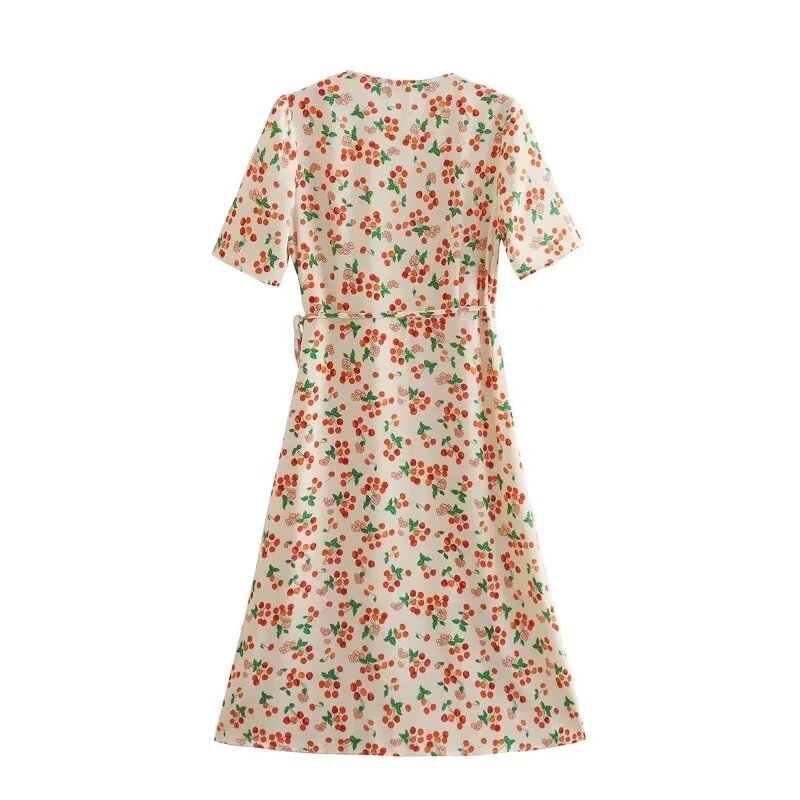 Vêtements pour femmes, élégance française, col en V, robe portefeuille à fleurs petites marguerites et cerises