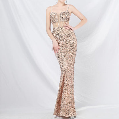 Palace Wind Heavy Industry Boning Corset Cinched Mesh Sequin High End Evening Dress