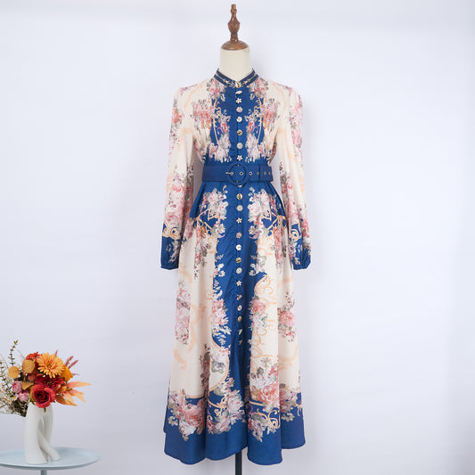 Women Printed Exquisite Single Breasted Small Stand Collar Early Autumn Dress Dress With Belt