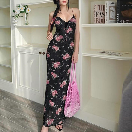 Women Clothing Summer Sexy Low-Cut V-neck Personalized Floral Printed Mesh Sling Dress