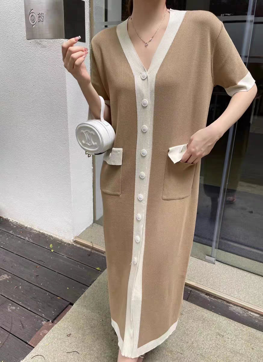 Summer Simple Contrast Color V Neck Mid Length Single Breasted Loose Slimming Elegant Short Sleeved Dress Women