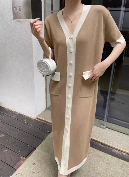 Summer Simple Contrast Color V Neck Mid Length Single Breasted Loose Slimming Elegant Short Sleeved Dress Women