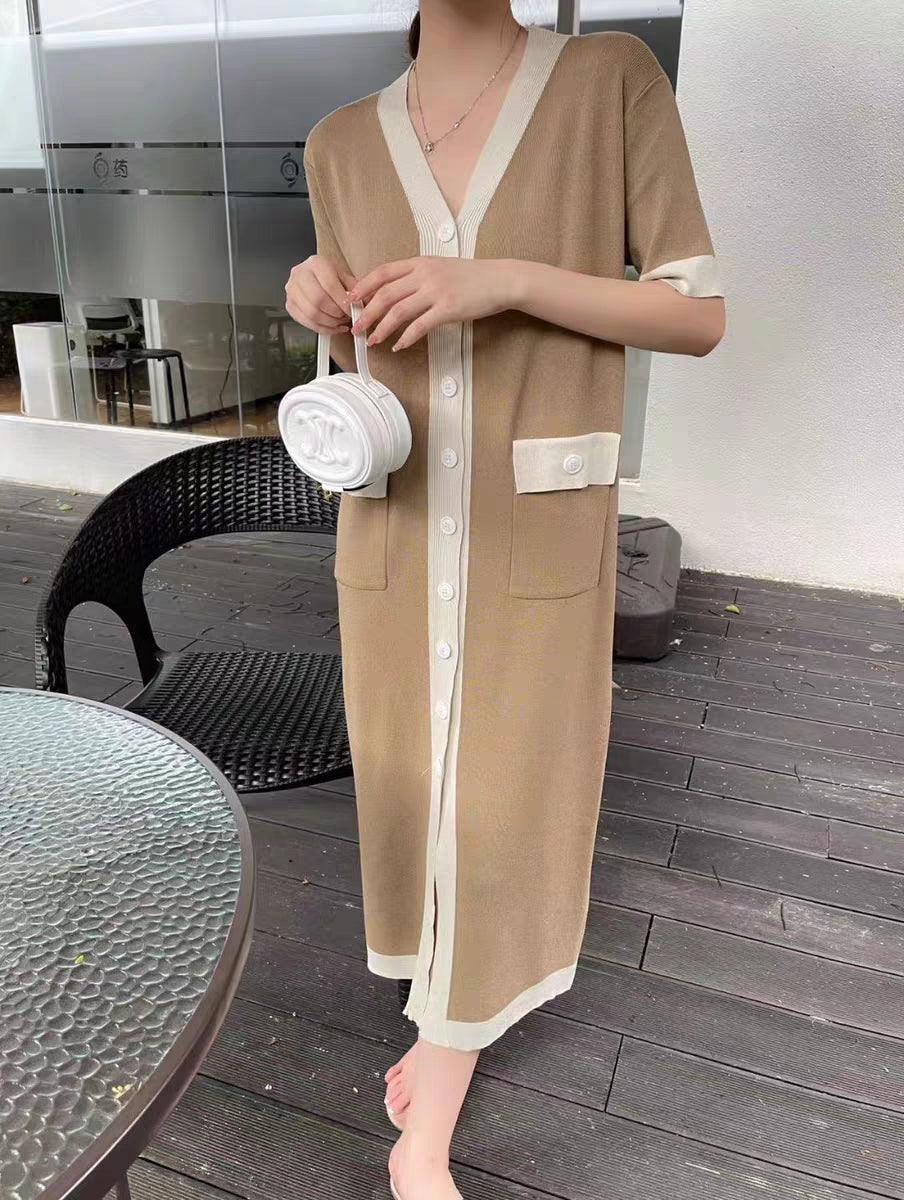 Summer Simple Contrast Color V Neck Mid Length Single Breasted Loose Slimming Elegant Short Sleeved Dress Women