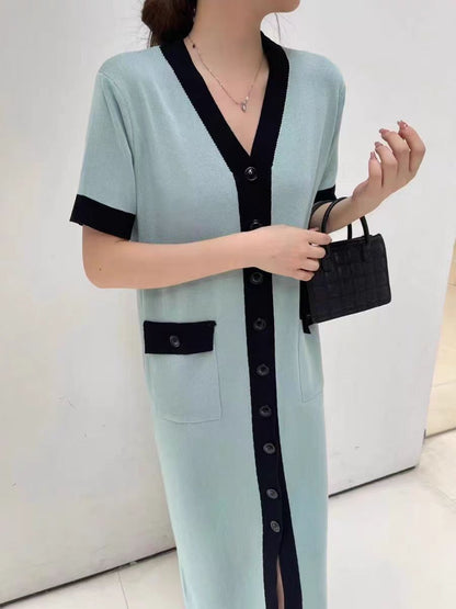 Summer Simple Contrast Color V Neck Mid Length Single Breasted Loose Slimming Elegant Short Sleeved Dress Women